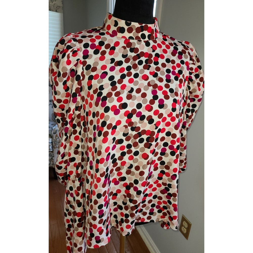 Girl In Mind Womens Polka Dot Print Blouse Extra Puffy Sleeves Pink‎ Brown Sz 12